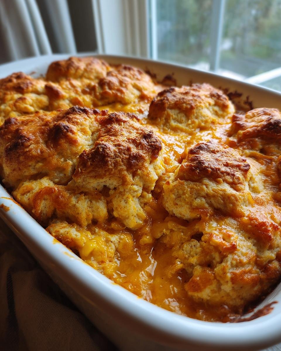 Close up of a freshly baked Cheddar Bay Chicken Cobbler in a white baking dish, showing golden brown biscuits.