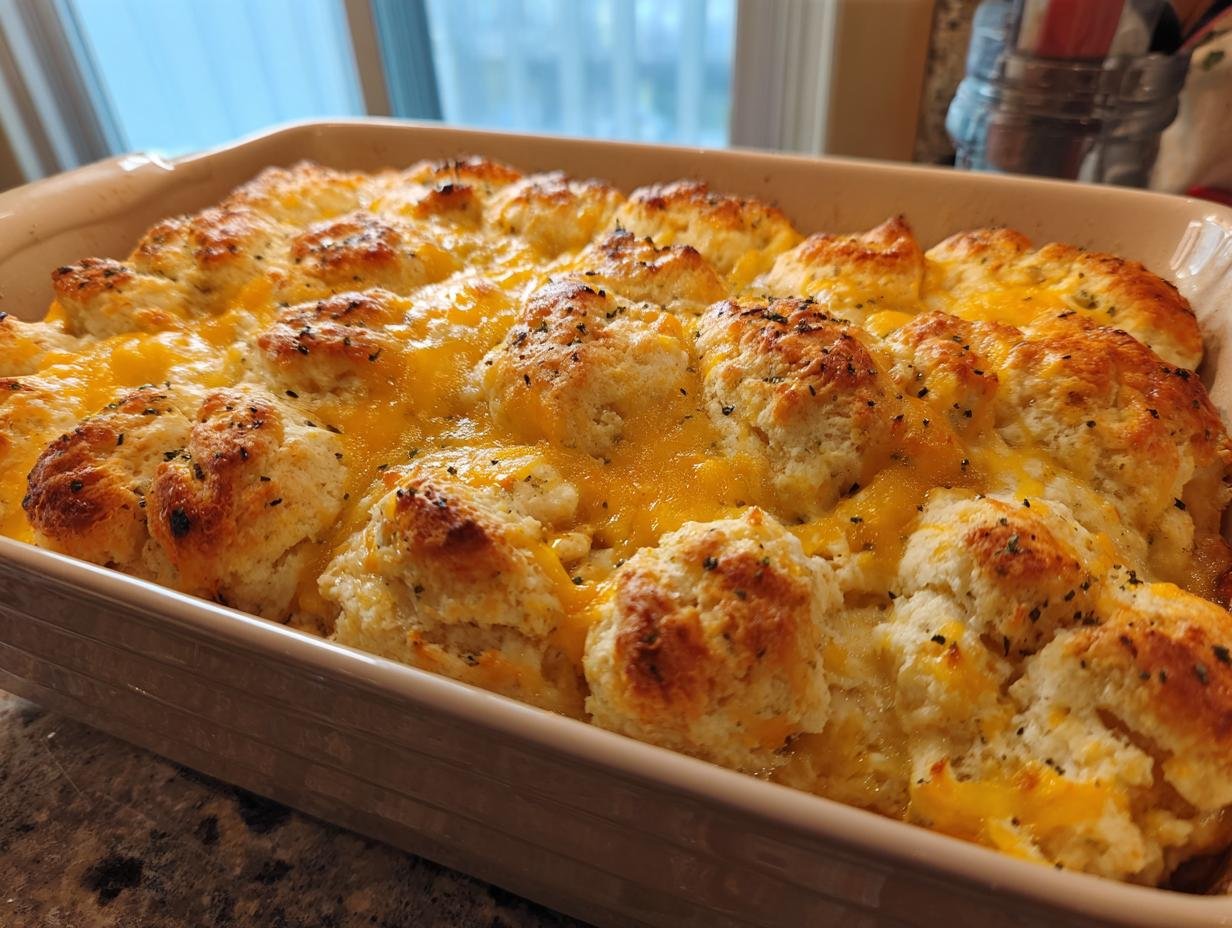 Close-up of a freshly baked Cheddar Bay Chicken Cobbler in a casserole dish, topped with melted cheddar cheese and herbs.