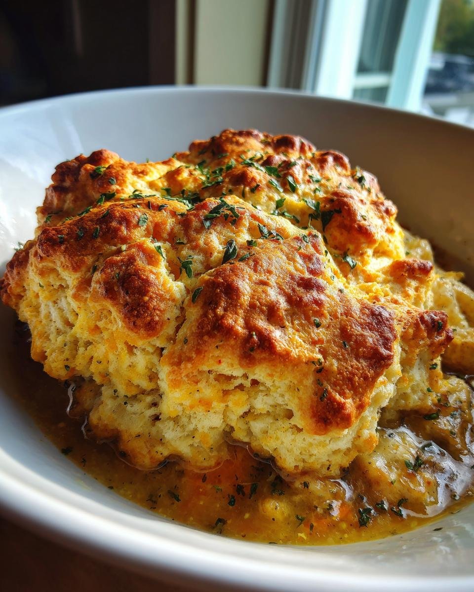 Close-up of Cheddar Bay Chicken Cobbler in a white bowl, topped with herbs.
