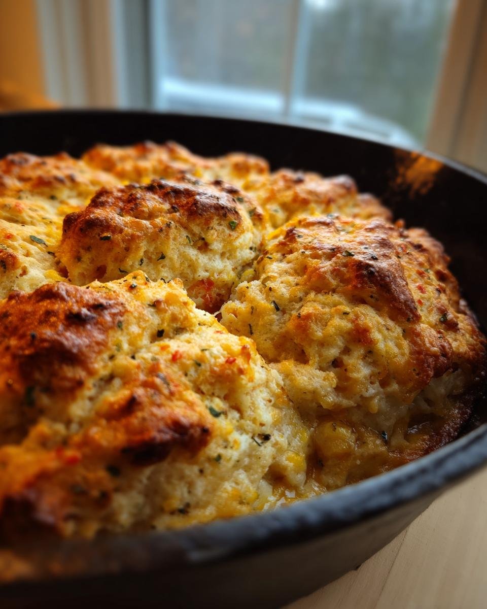 Close-up of a golden brown Cheddar Bay Chicken Cobbler baked in a cast iron skillet.