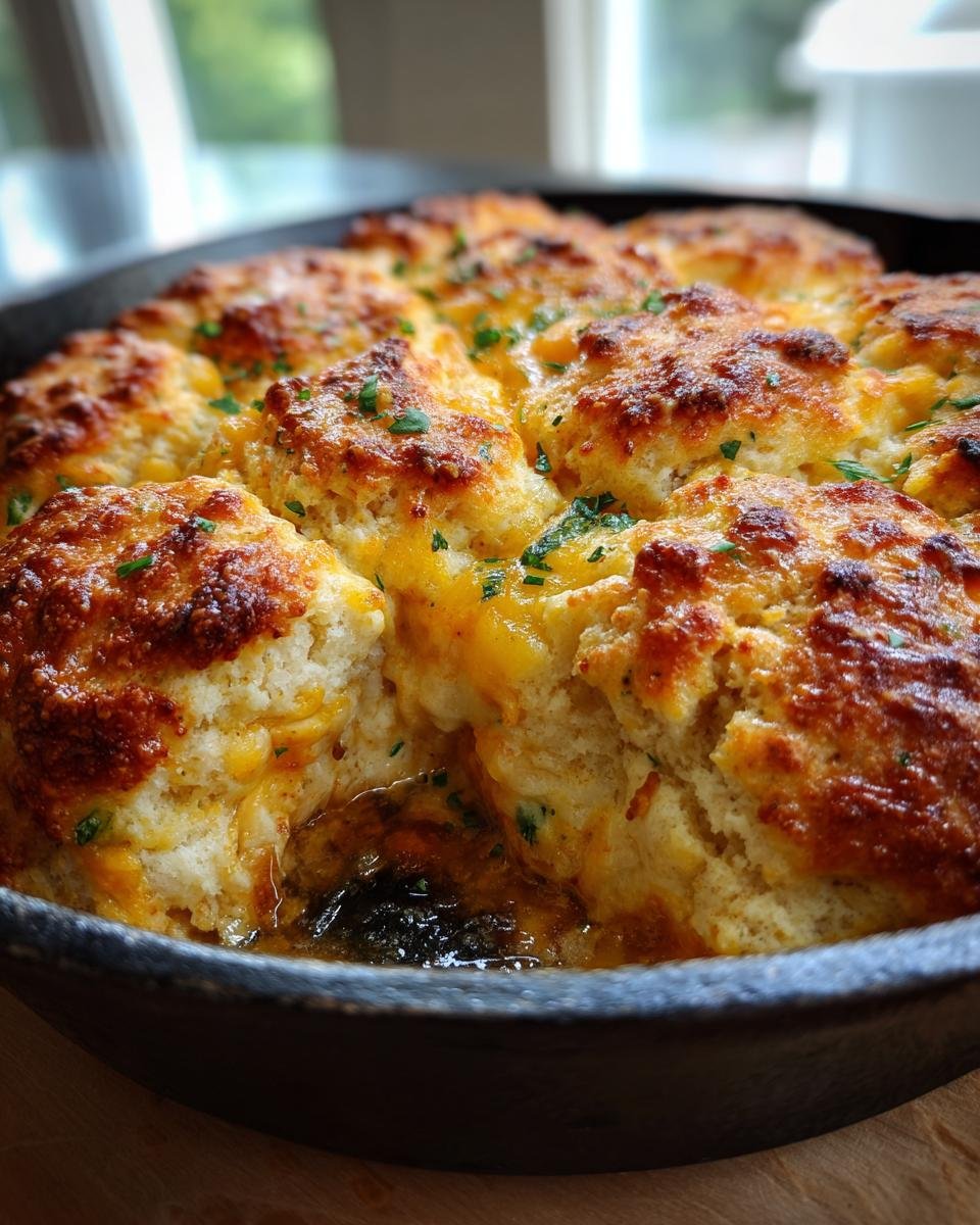 Close-up of Cheddar Bay Chicken Cobbler baked in a skillet, showing golden-brown biscuits and chicken filling.