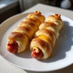 Two rows of Cheese-Stuffed Mummy Dogs on a white plate, decorated with ketchup and mustard.
