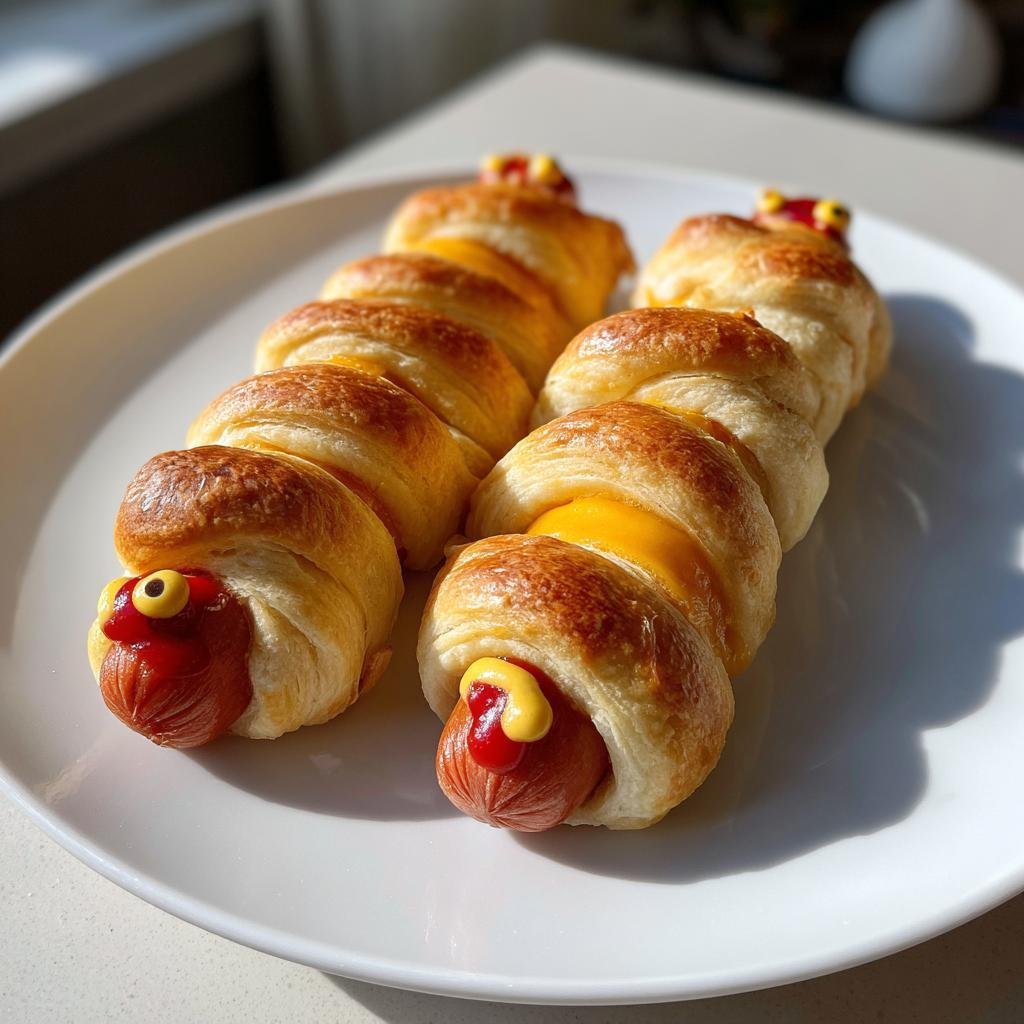 Two rows of Cheese-Stuffed Mummy Dogs on a white plate, decorated with ketchup and mustard.
