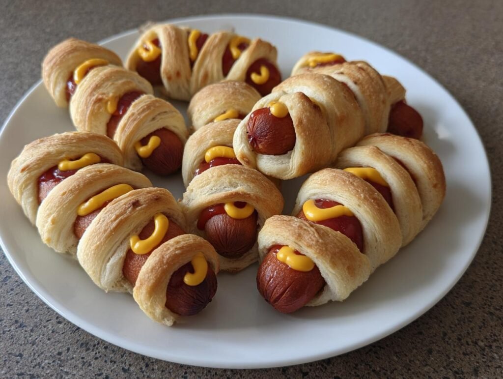 A plate of Cheese-Stuffed Mummy Dogs, wrapped in pastry and decorated with mustard.