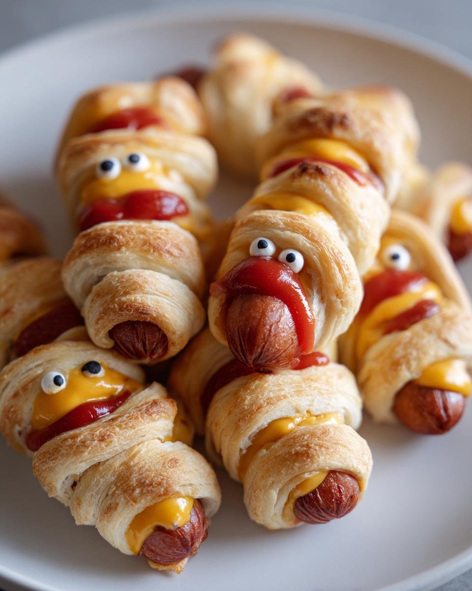 A plate of spooky Cheese-Stuffed Mummy Dogs, wrapped in pastry with cheese, ketchup 'eyes', and candy eyes.
