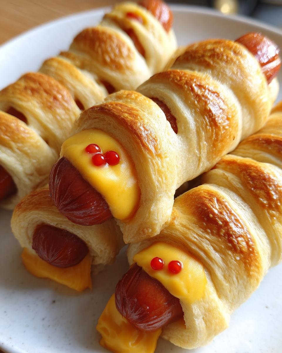 Close-up of Cheese-Stuffed Mummy Dogs, featuring hot dogs wrapped in pastry with cheese oozing out and decorated with red dots.