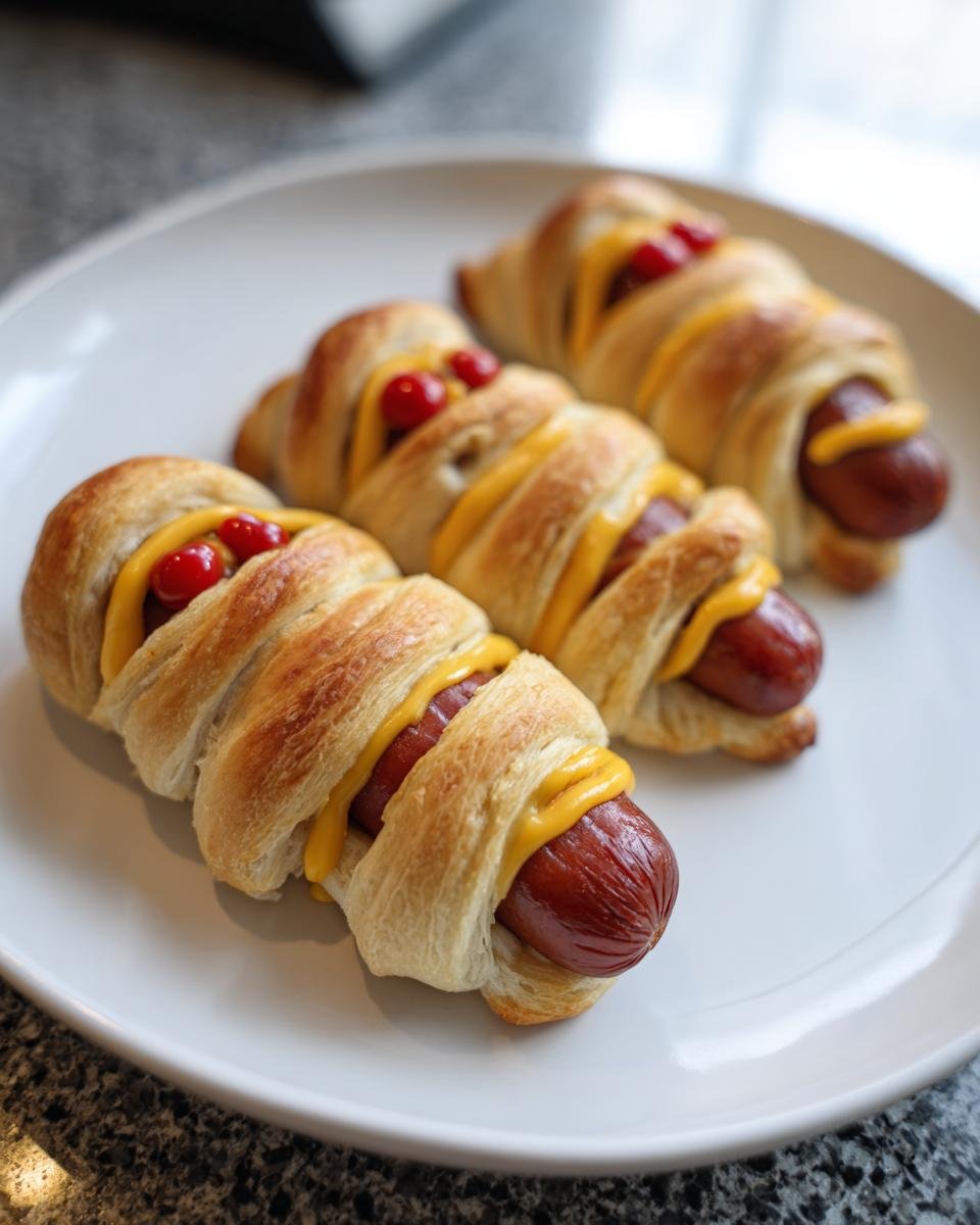 Three cheese-stuffed mummy dogs on a white plate, wrapped in pastry with cheese and ketchup details.