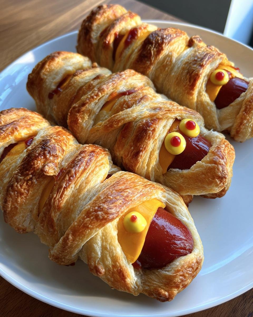 A plate of freshly baked Cheese-Stuffed Mummy Dogs, perfect for Halloween or a fun snack.