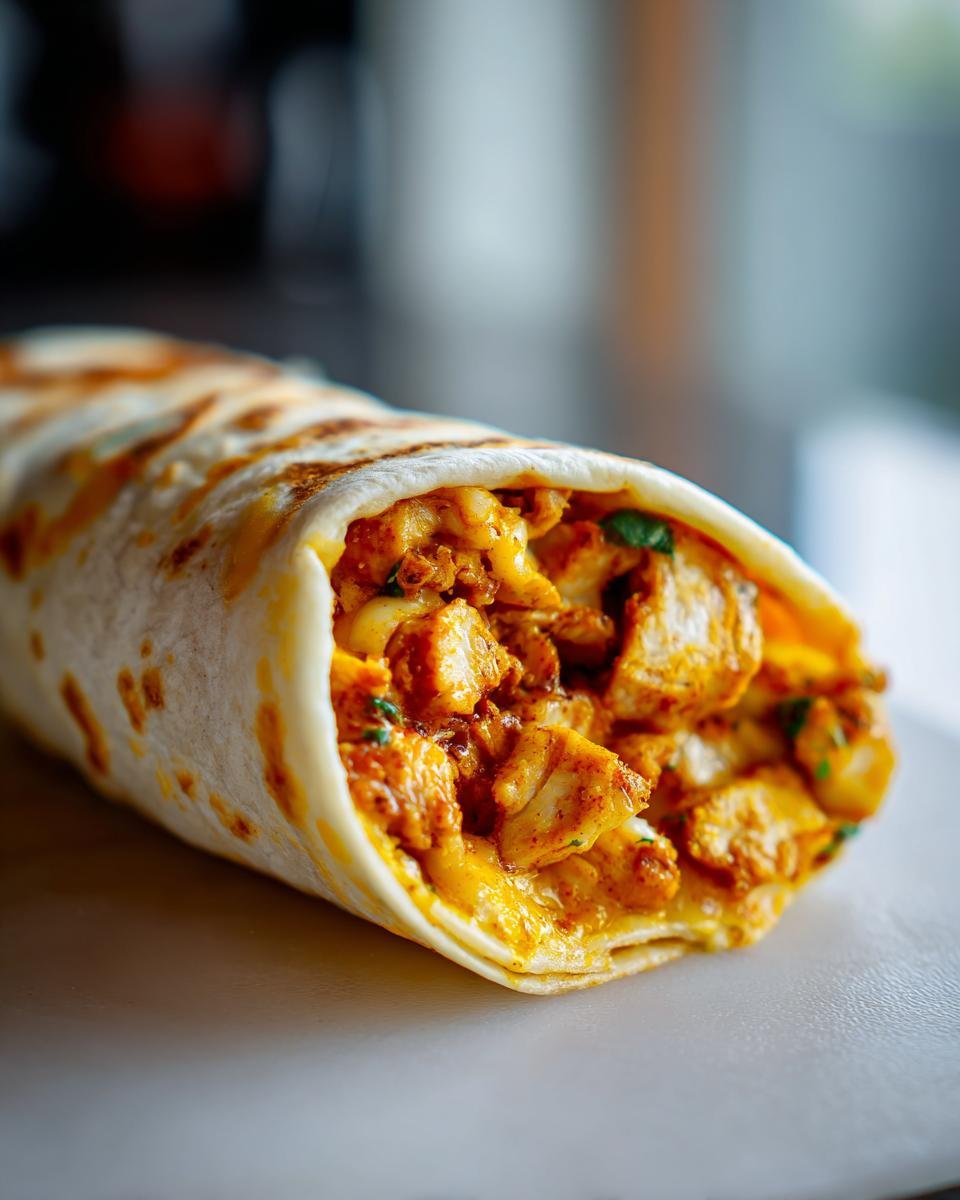 Close-up of an Ooey-Gooey Cheesy Garlic Chicken Wrap, showcasing the filling and melted cheese.