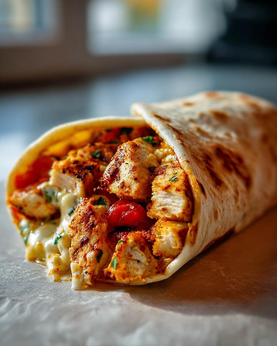 Close-up of an Ooey-Gooey Cheesy Garlic Chicken Wrap, showing chicken, cheese, tomatoes, and herbs in a tortilla.