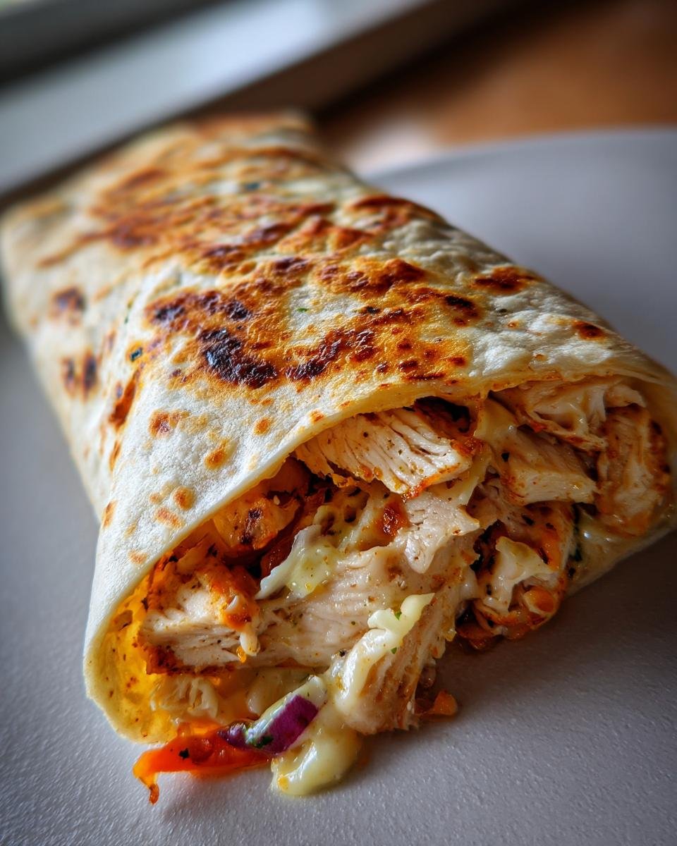 Close-up of an Ooey-Gooey Cheesy Garlic Chicken Wrap, showing the melted cheese and chicken filling.