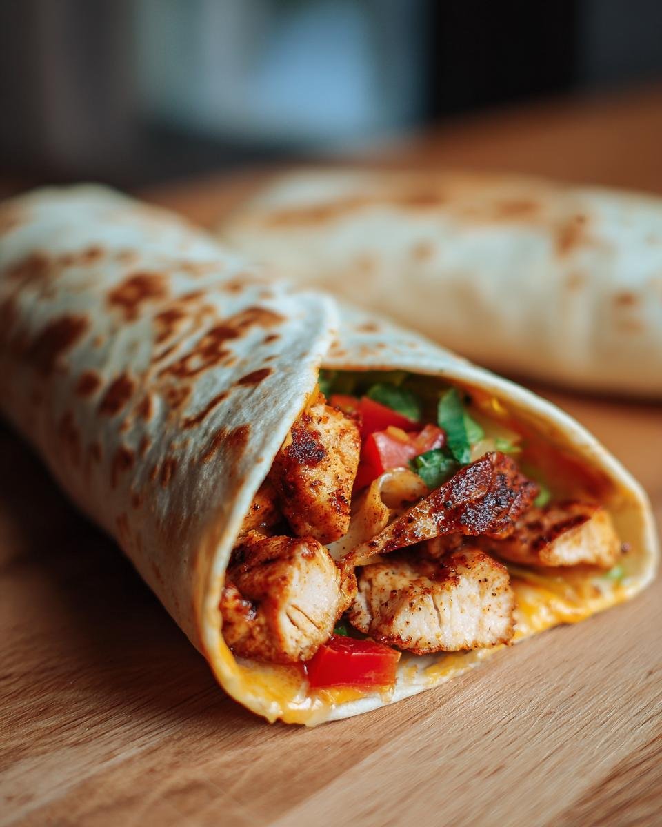 Close-up of an Ooey-Gooey Cheesy Garlic Chicken Wrap filled with chicken, cheese, tomatoes, and lettuce.