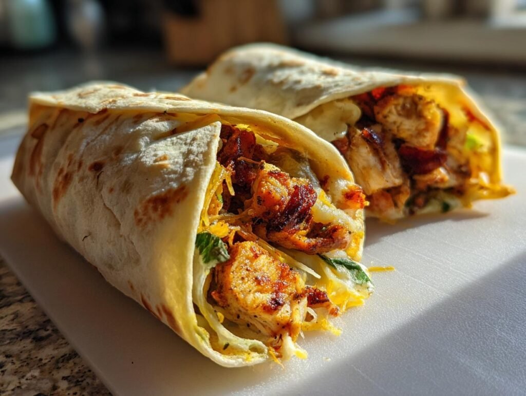 Two Ooey-Gooey Cheesy Garlic Chicken Wraps on a cutting board, filled with chicken, cheese, and veggies.