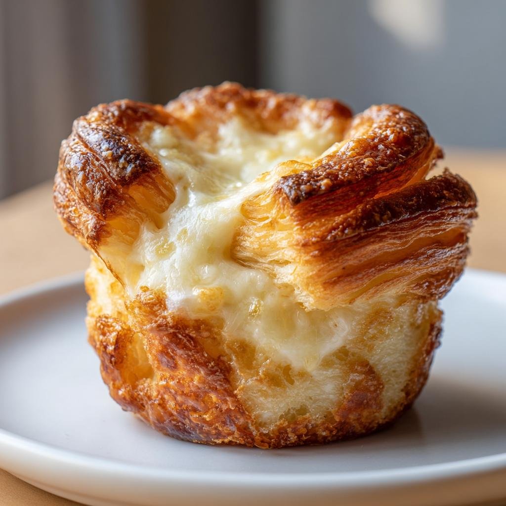 Close-up of a golden brown Cheesy Garlic Cruffin filled with melted cheese on a white plate.