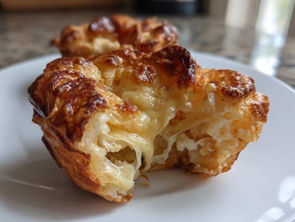 Close-up of a golden brown Cheesy Garlic Cruffin with a flaky crust on a white plate.