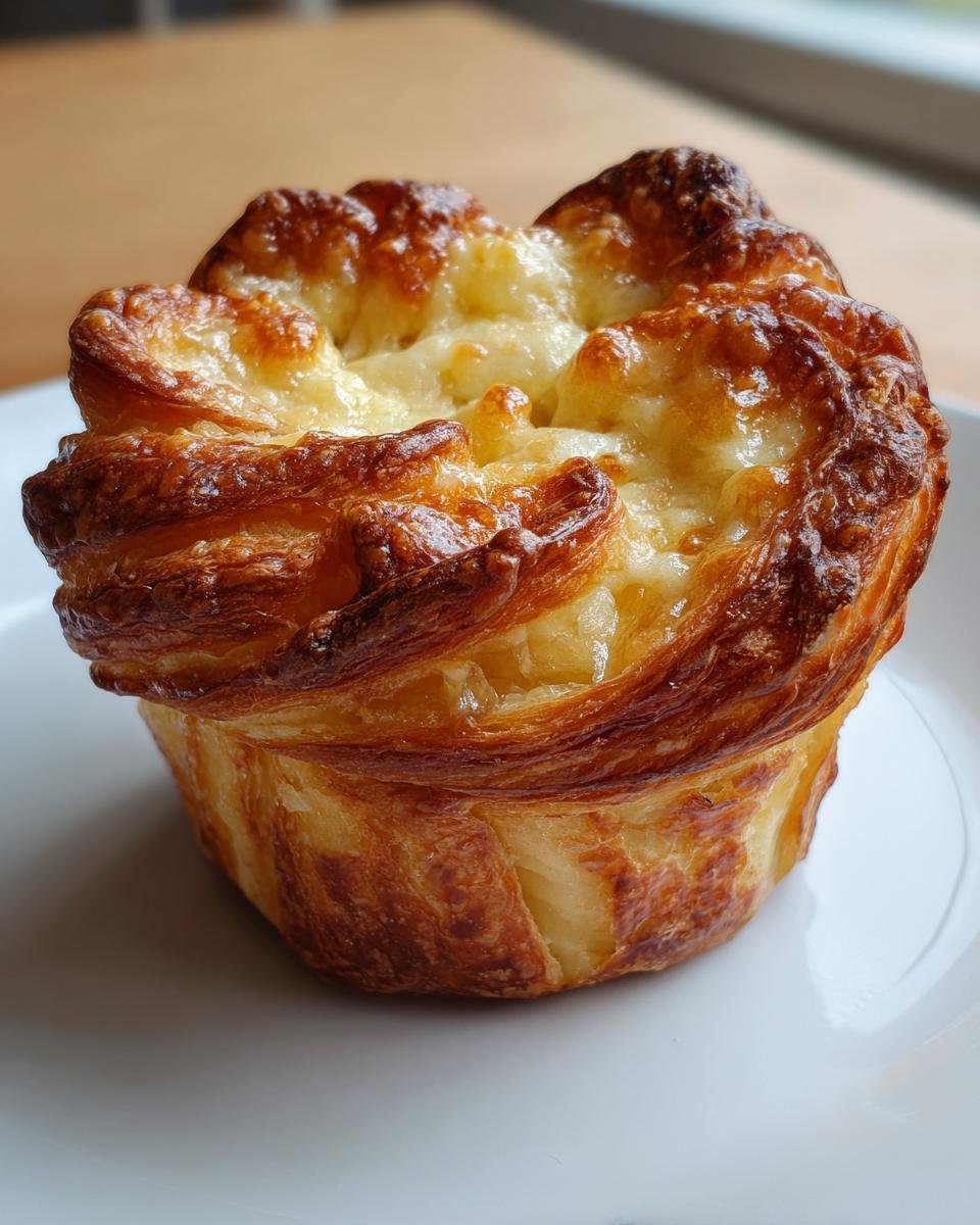 A close-up of a golden brown Cheesy Garlic Cruffin with melted cheese on top, sitting on a white plate.