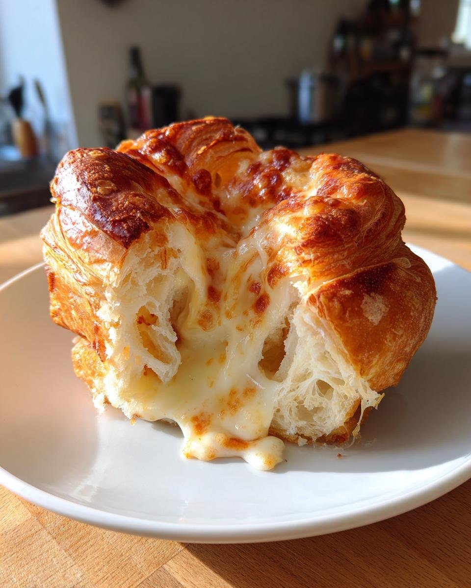 Close-up of a Cheesy Garlic Cruffin with melted cheese oozing out, sitting on a white plate.