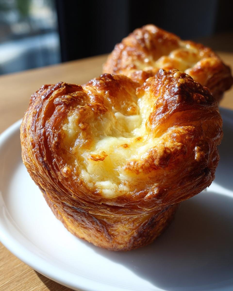 Close up of a golden brown Cheesy Garlic Cruffin on a white plate, showcasing its flaky layers and cheesy topping.