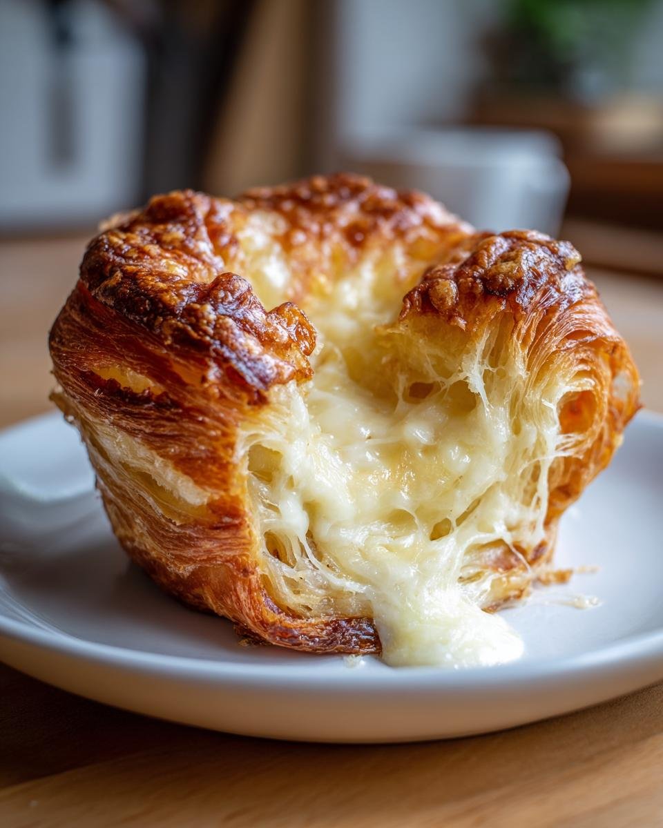 Close-up of a golden Cheesy Garlic Cruffin with melted cheese oozing out, showcasing its flaky layers.