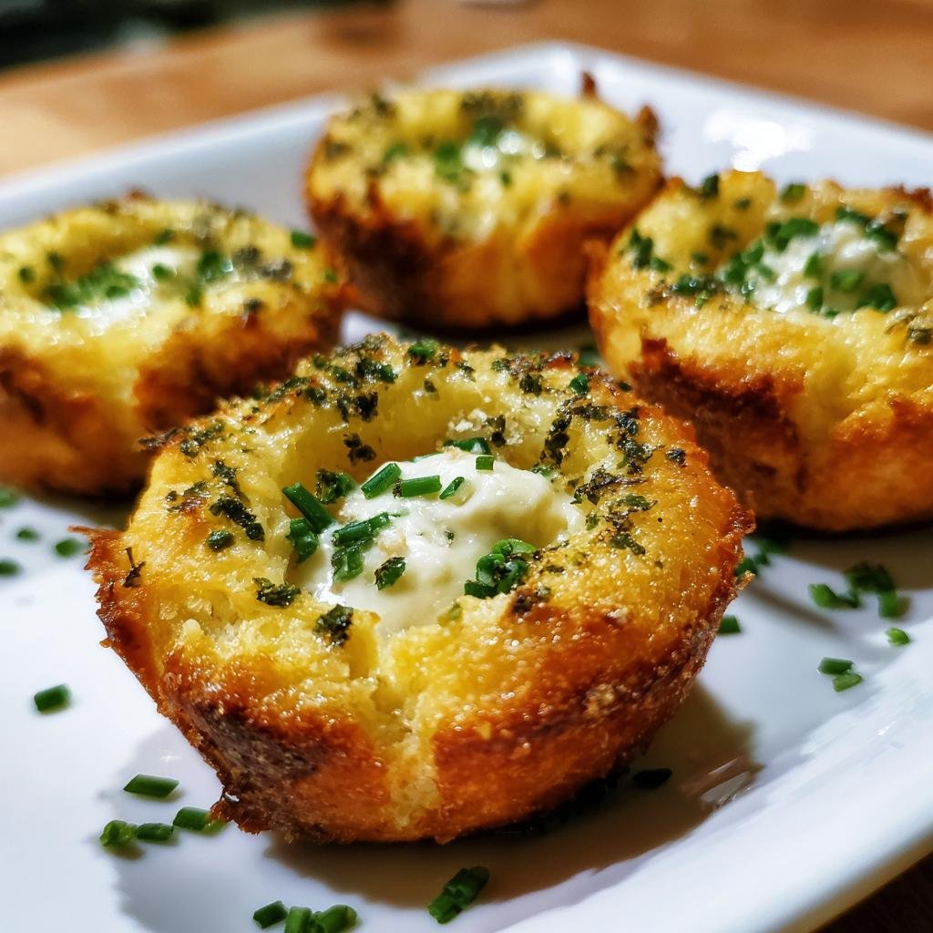 Close-up of Cheesy Thumbprint Appetizers on a white plate, garnished with herbs.
