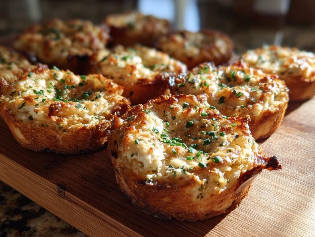 Close-up of Cheesy Thumbprint Appetizers on a wooden board, garnished with fresh chives.