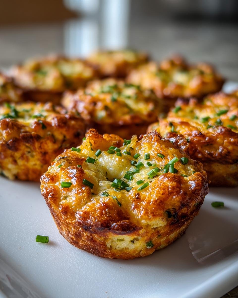 A close-up of golden brown Cheesy Thumbprint Appetizers, garnished with fresh chives, on a white plate.