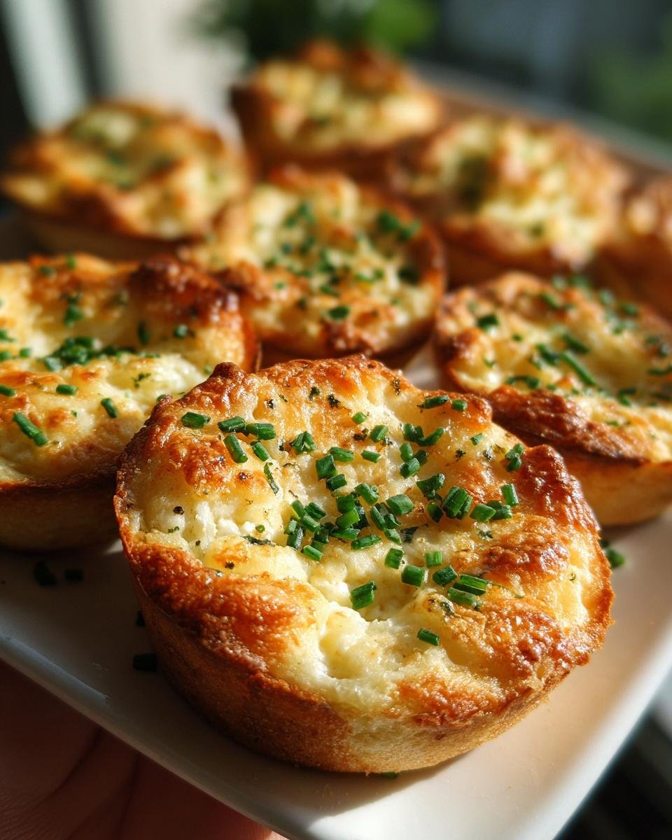 Close-up of Cheesy Thumbprint Appetizers topped with chives on a white plate, ready to serve.