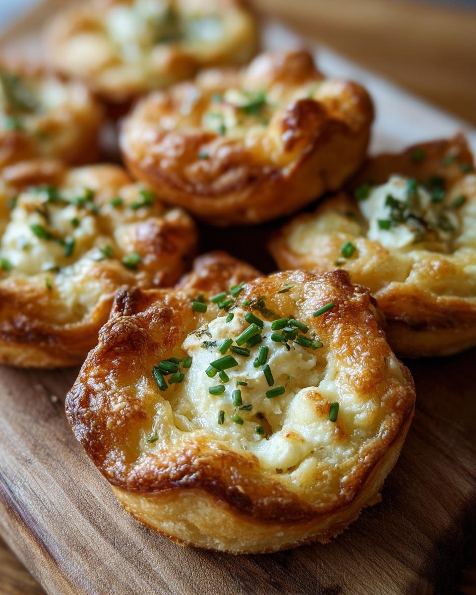 Close-up of Cheesy Thumbprint Appetizers on a wooden board, garnished with fresh chives.
