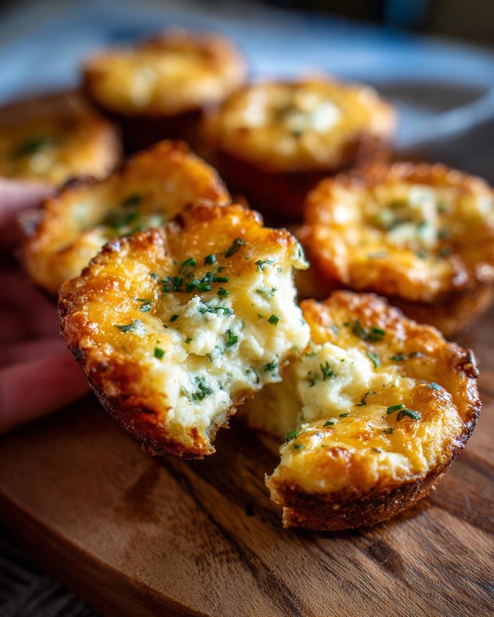 Close-up of Cheesy Thumbprint Appetizers with a bite taken out, showing the cheesy filling and golden crust.