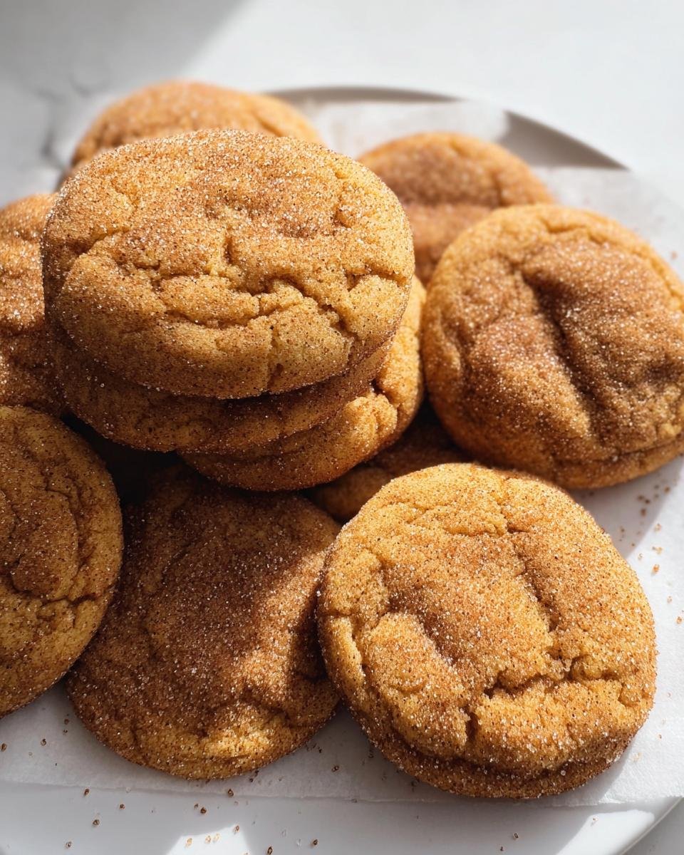 A pile of freshly baked chewy pumpkin snickerdoodles, coated in cinnamon sugar.