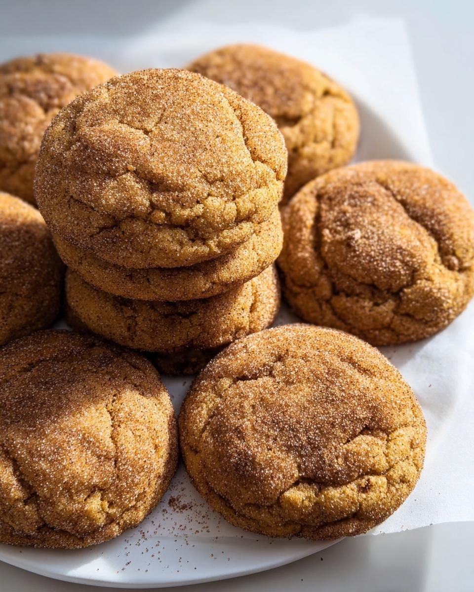 A stack of Chewy Pumpkin Snickerdoodles covered in cinnamon sugar on a white plate.