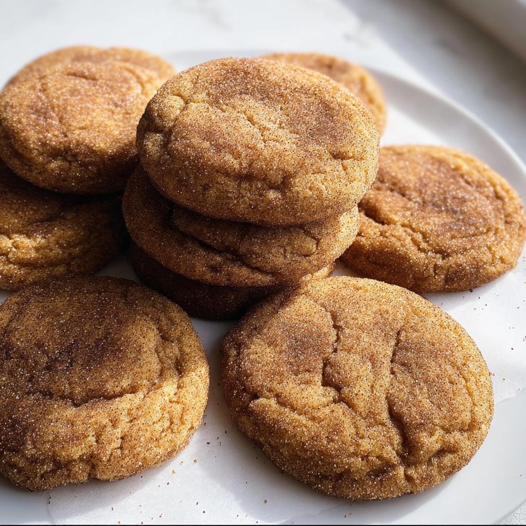 A stack of freshly baked Chewy Pumpkin Snickerdoodles on a white plate, dusted with cinnamon sugar.