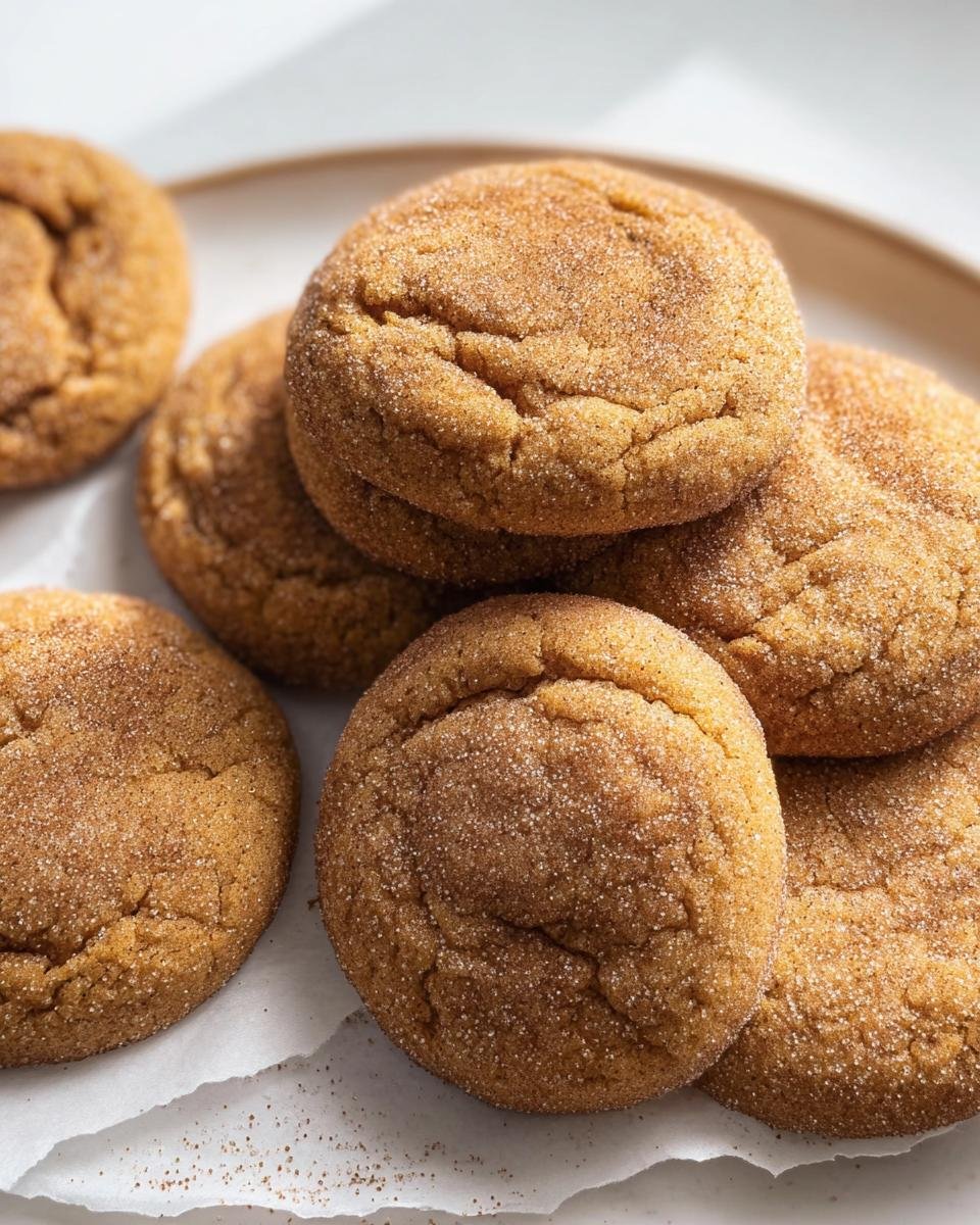 A stack of freshly baked Chewy Pumpkin Snickerdoodles on a white plate, dusted with cinnamon sugar.