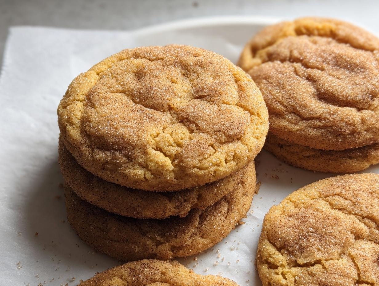 A stack of chewy pumpkin snickerdoodles, dusted with cinnamon sugar, on parchment paper.
