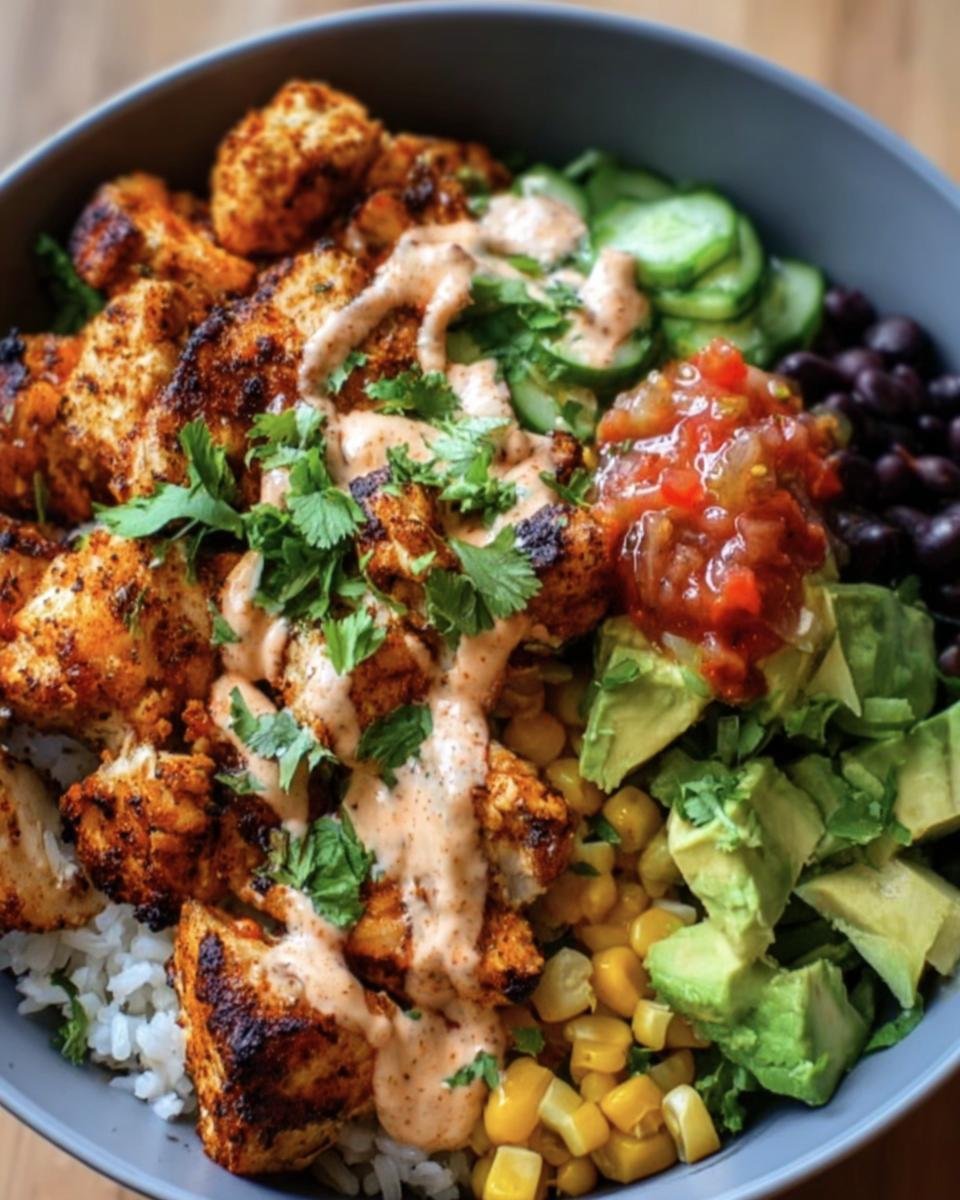 A vibrant Chicken Bowl filled with grilled chicken, rice, corn, avocado, black beans, salsa, and a creamy sauce.
