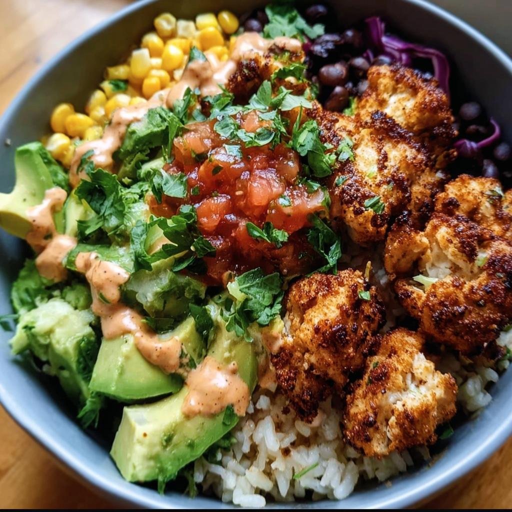 A vibrant Chicken Bowl filled with rice, avocado, corn, black beans, and crispy chicken.