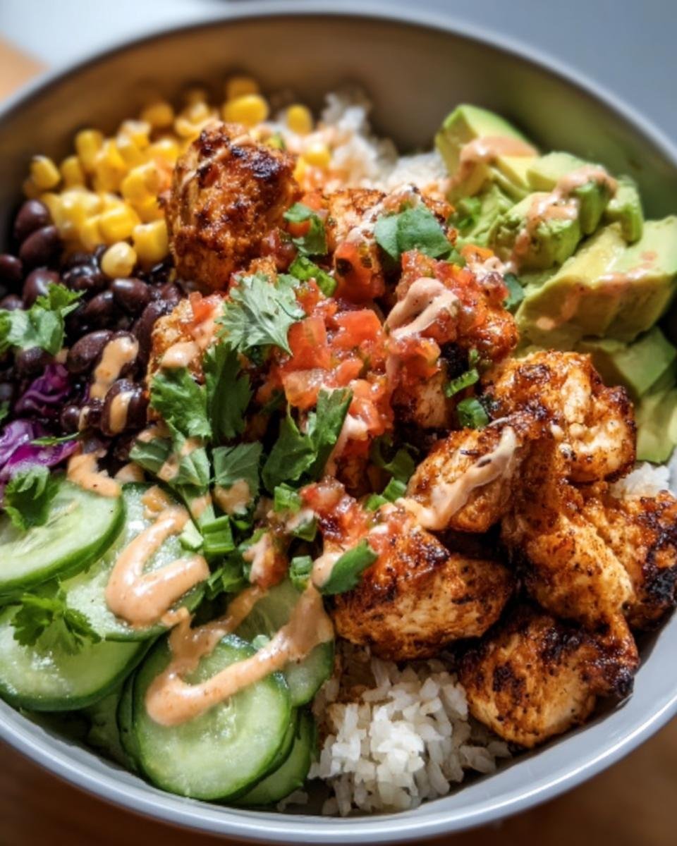 Overhead shot of a colorful Chicken Bowl with grilled chicken, rice, avocado, corn, beans, and a creamy sauce.
