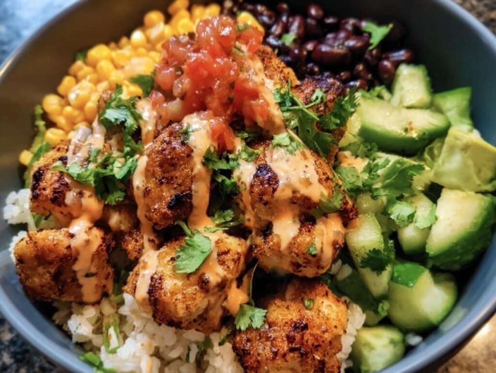 Close-up of a vibrant Chicken Bowl with rice, chicken, corn, black beans, avocado, salsa, and creamy sauce.