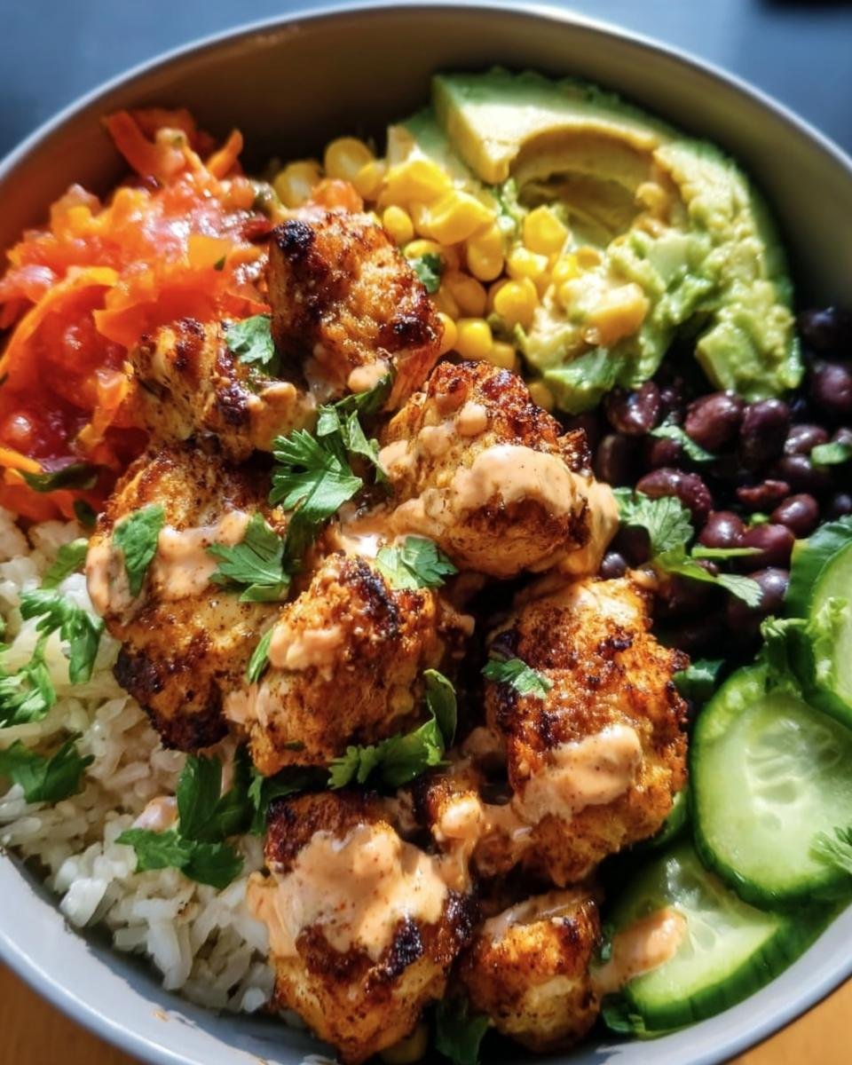 A vibrant Chicken Bowl with grilled chicken, rice, avocado, corn, black beans, cucumber, and carrots.