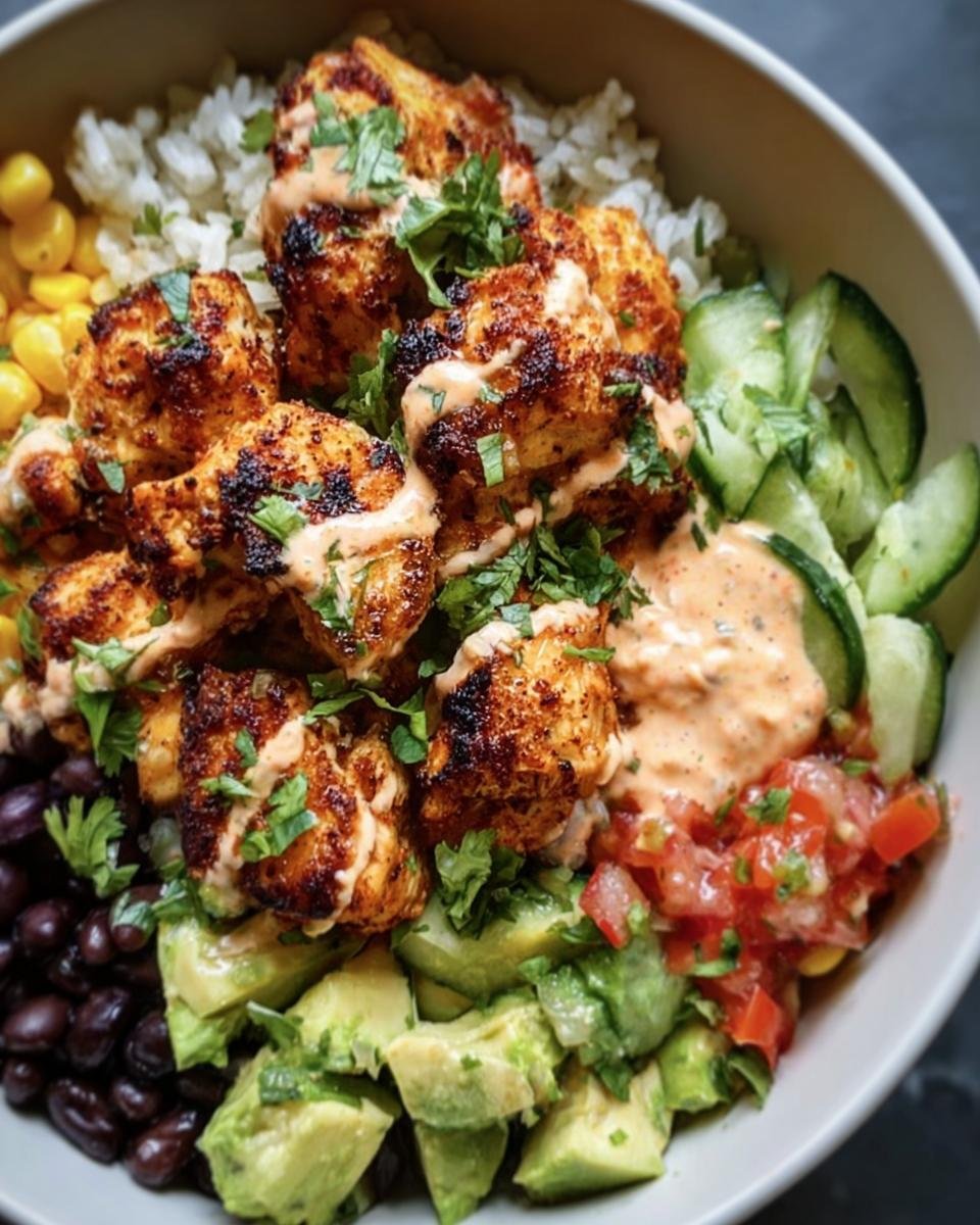 A vibrant Chicken Bowl filled with rice, grilled chicken, avocado, black beans, corn, cucumbers, salsa, and a creamy sauce.