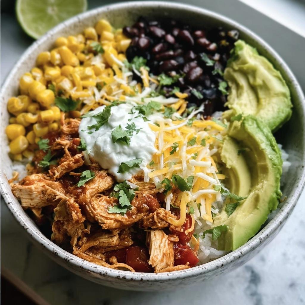 Overhead shot of a vibrant Chicken Burrito Bowl with chicken, rice, corn, beans, avocado, cheese, and sour cream.