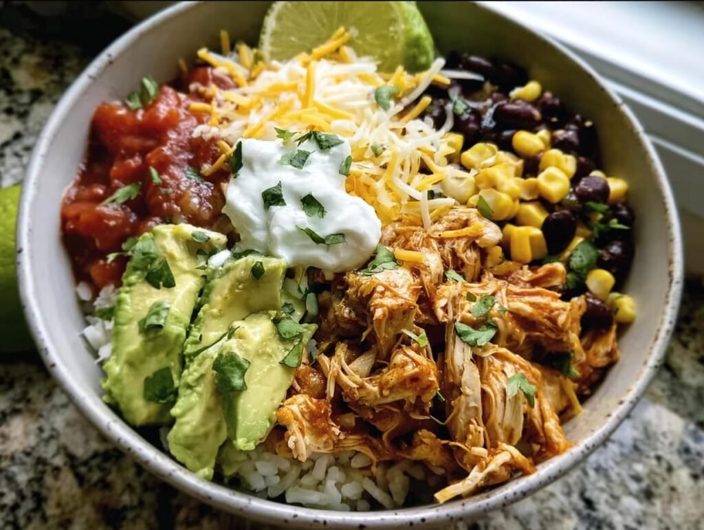 Overhead shot of a Chicken Burrito Bowl with rice, chicken, beans, corn, salsa, avocado, cheese, sour cream and a lime wedge.