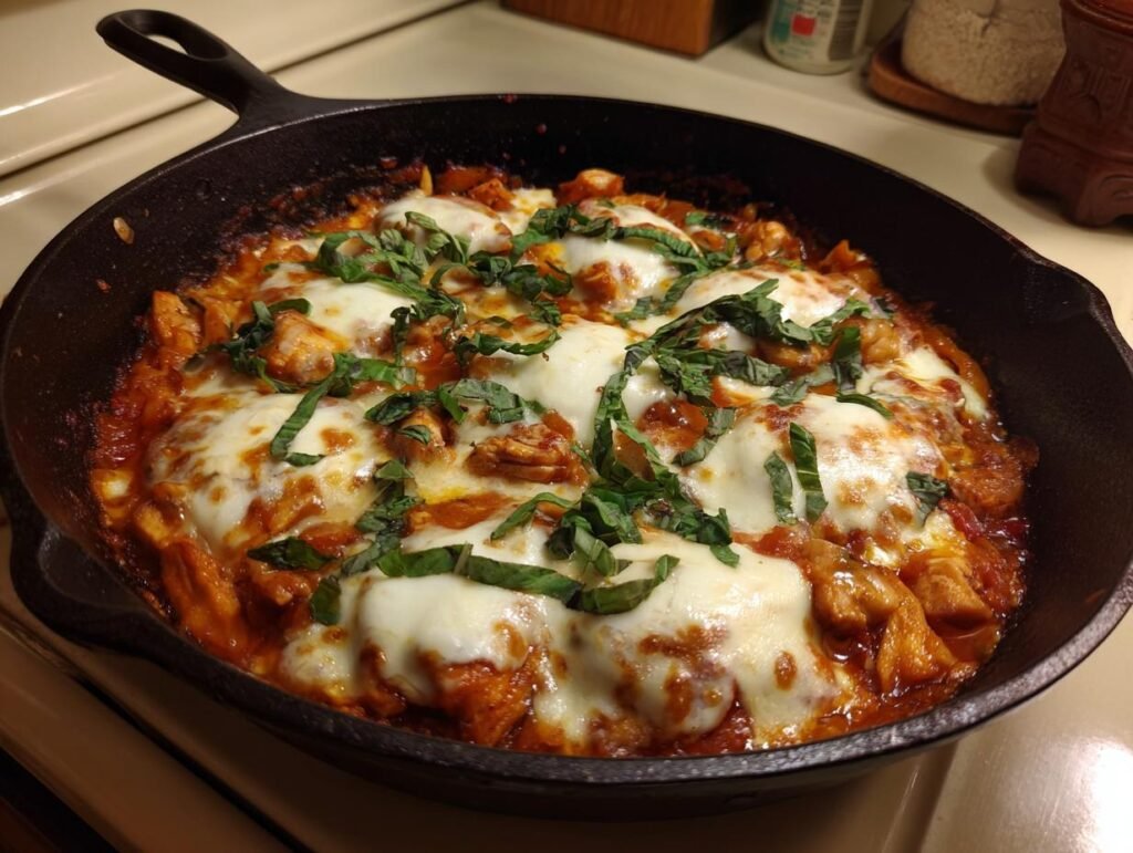 A skillet filled with Chicken Caprese, featuring melted mozzarella, tomato sauce, and fresh basil.