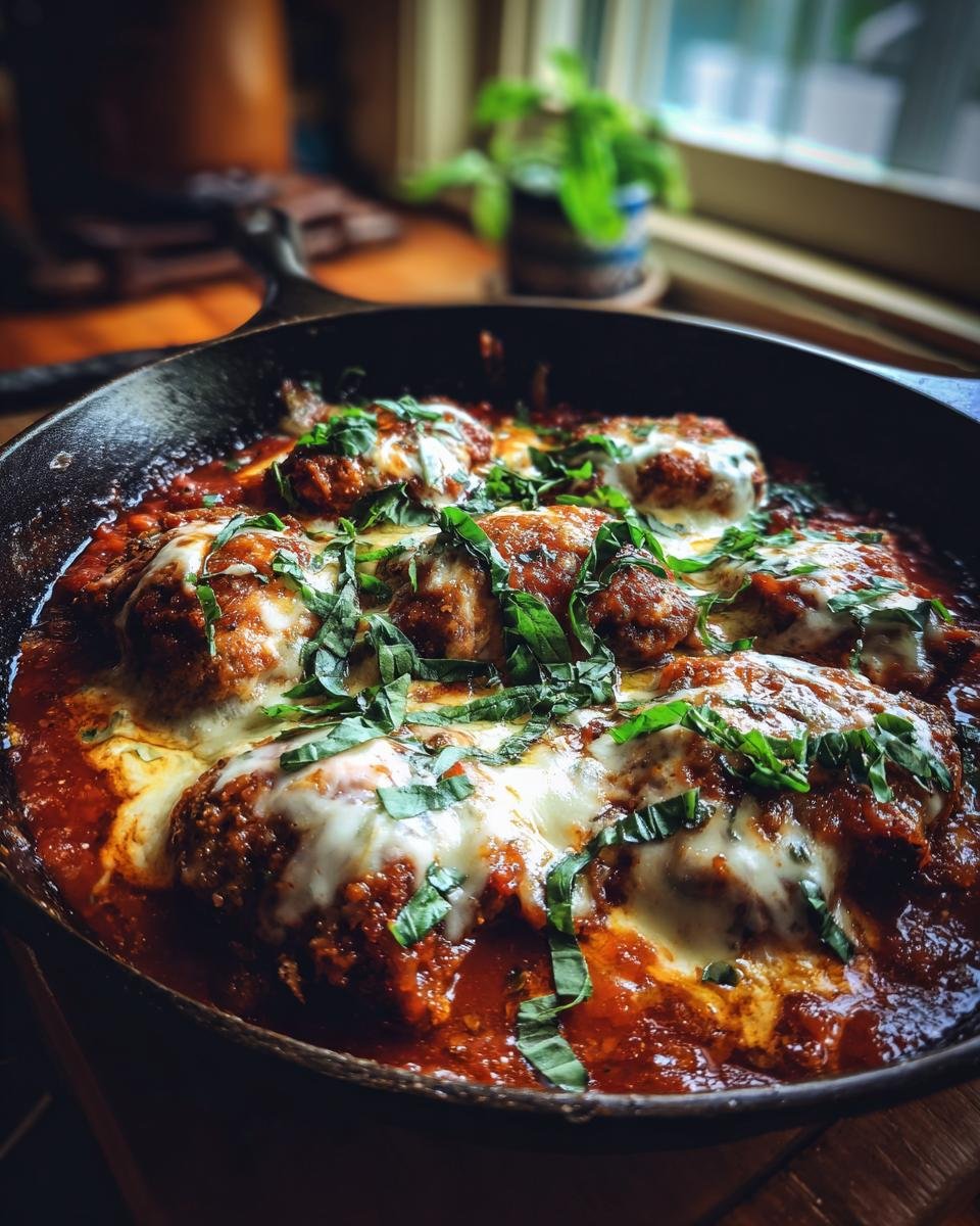 Chicken Caprese Skillet with melted mozzarella, tomato sauce, and fresh basil in a cast iron skillet.