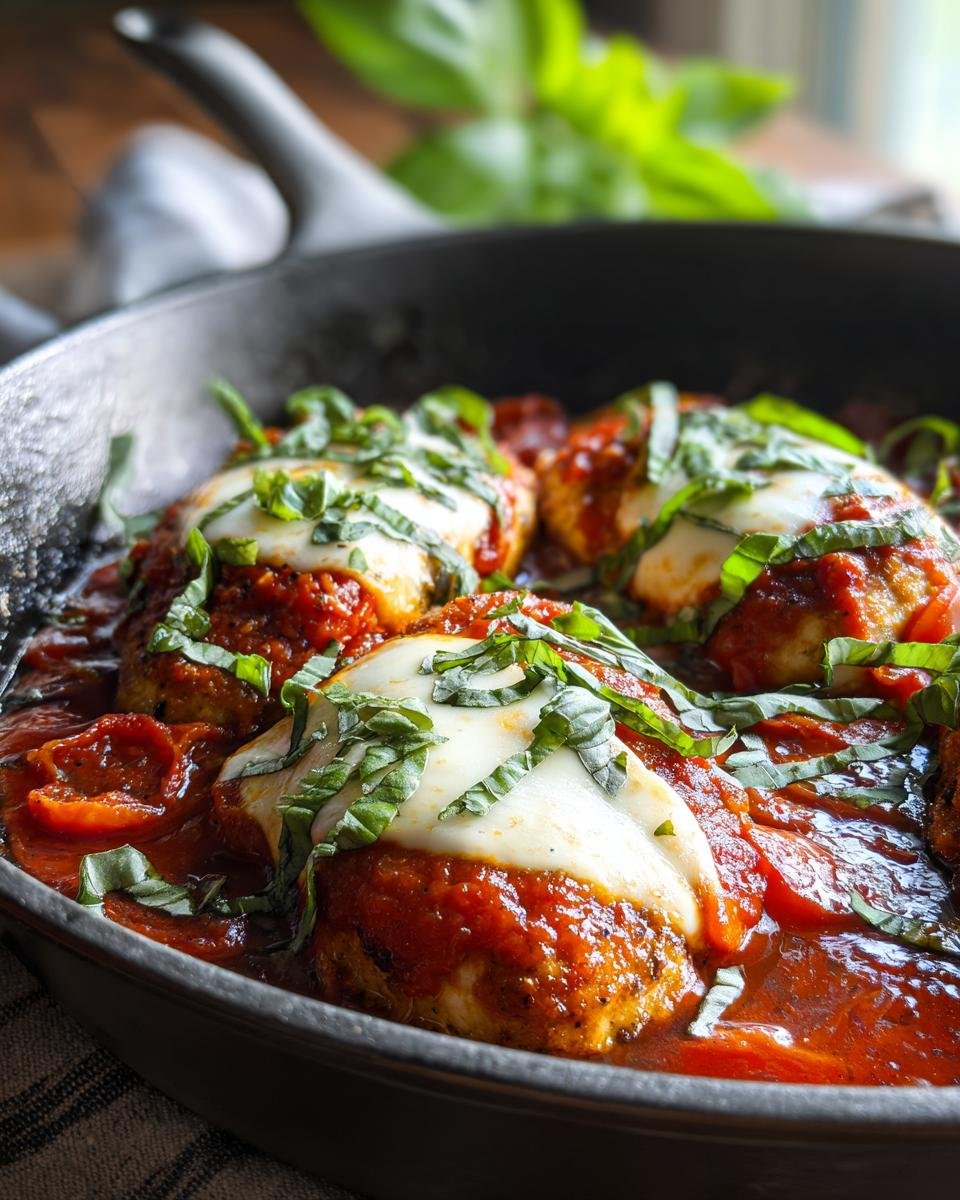 Close-up of Chicken Caprese Skillet with tomato sauce, mozzarella, and basil in a cast iron skillet.