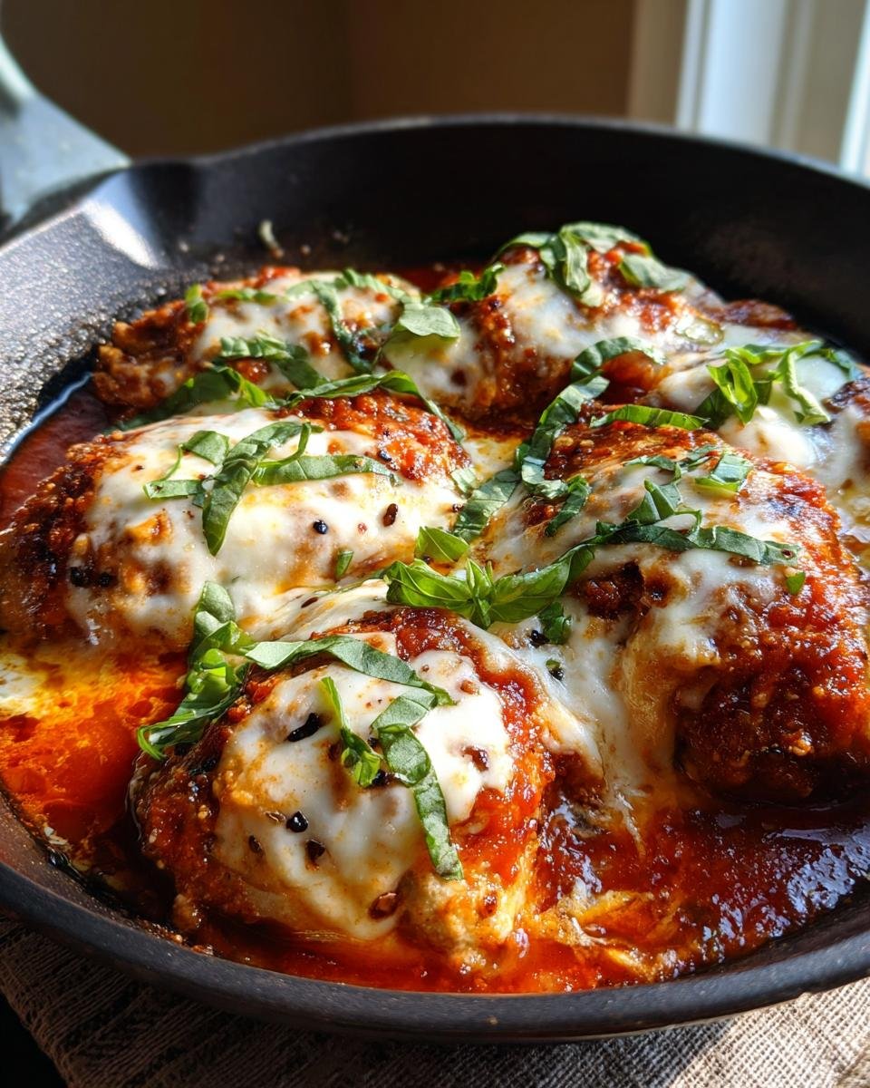 A Chicken Caprese Skillet featuring chicken, tomato sauce, mozzarella, and basil in a cast iron skillet.