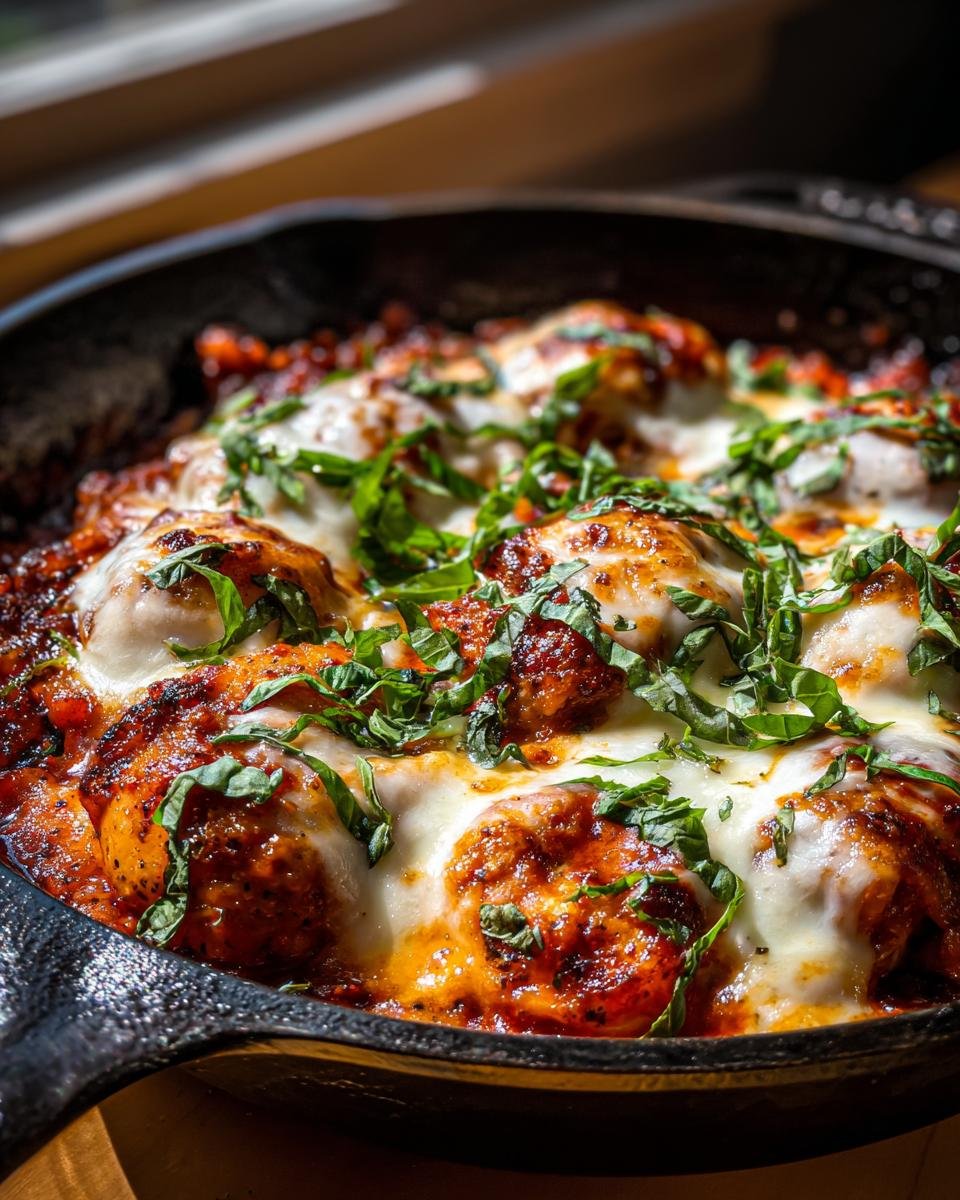Close-up of a Chicken Caprese Skillet with melted mozzarella, fresh basil, and a rich tomato sauce.