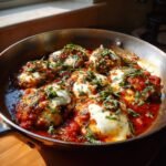 Close-up of a Chicken Caprese Skillet with chicken, mozzarella, tomato sauce, and basil in a skillet.