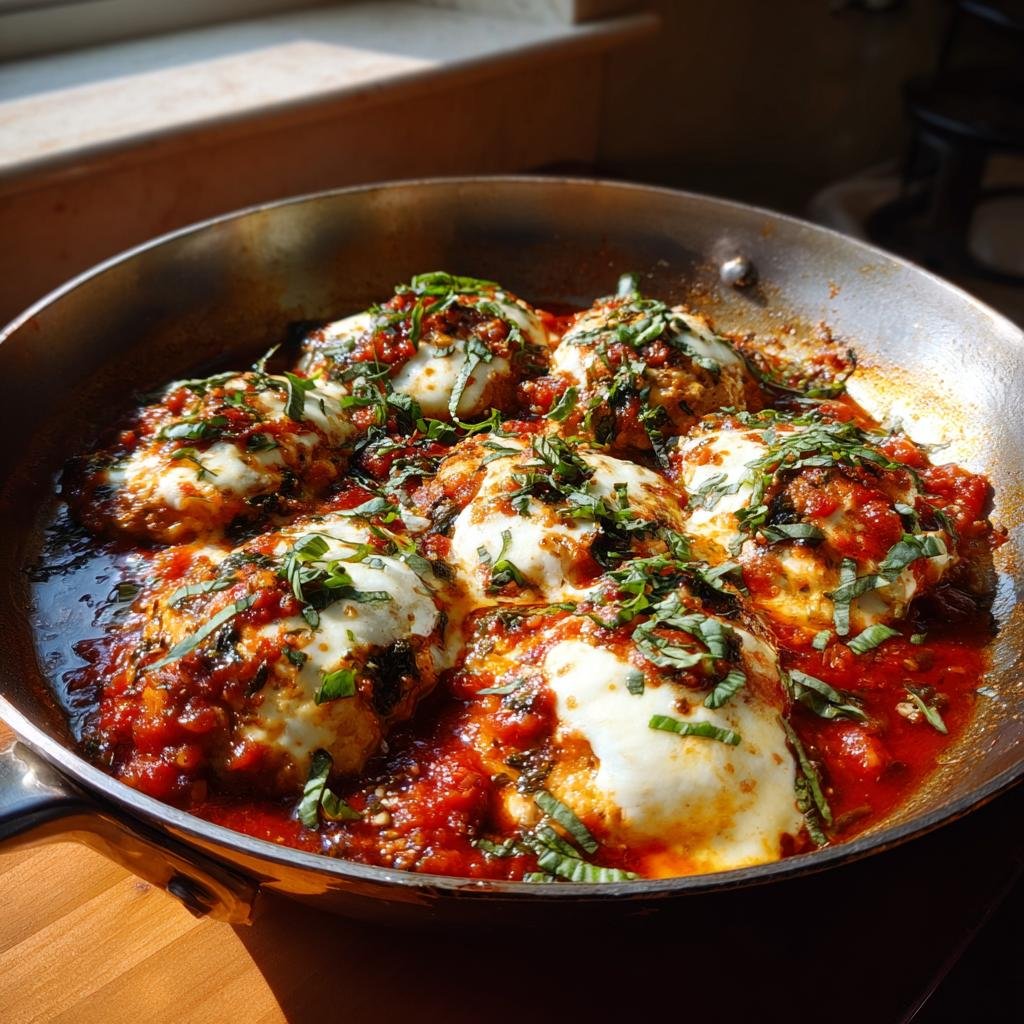 Close-up of a Chicken Caprese Skillet with chicken, mozzarella, tomato sauce, and basil in a skillet.