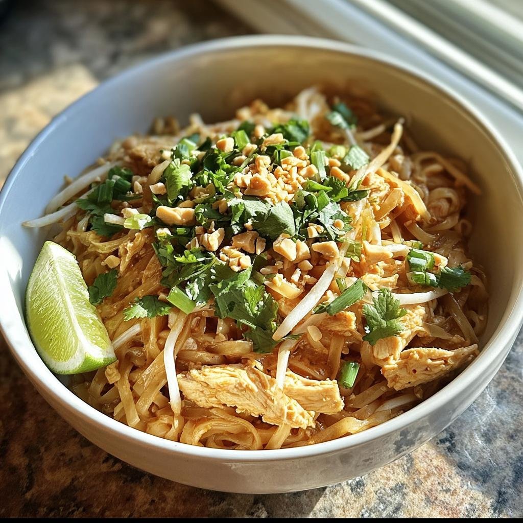 Bowl of Chicken Pad Thai with noodles, chicken, peanuts, sprouts, cilantro, and a lime wedge.